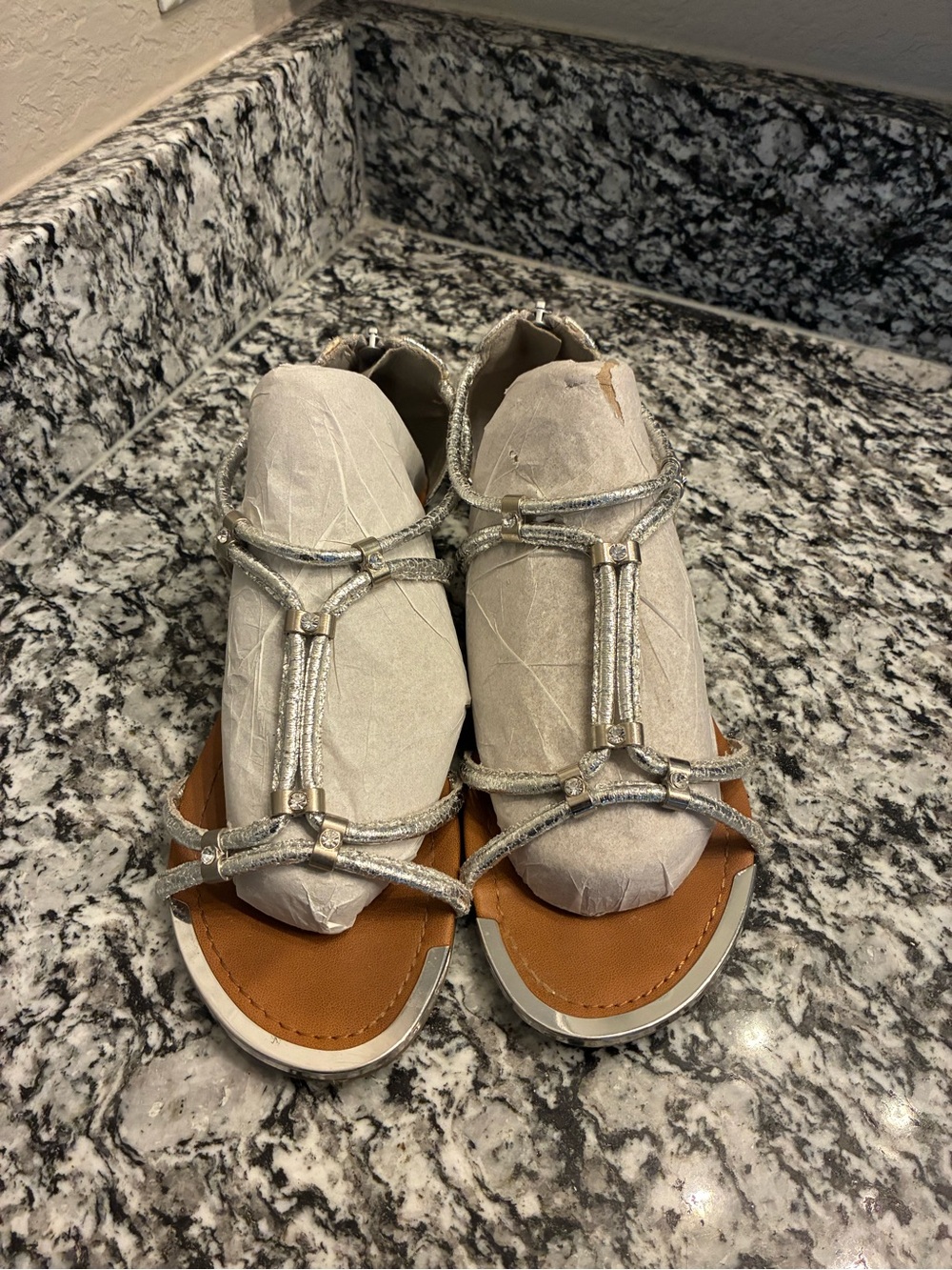 Soda Metallic Silver T-Strap Flat Sandals with Tan Footbed